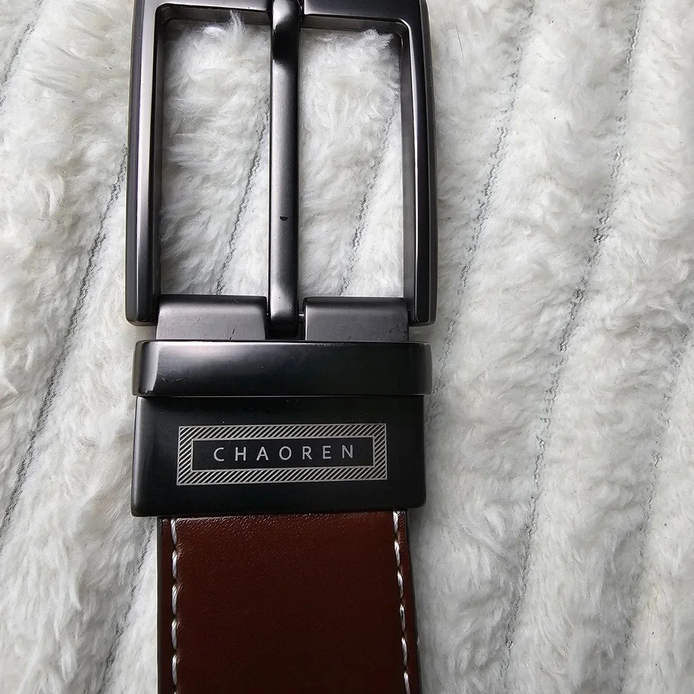 Chaoren Mens Reversible Stitched Leather Belt 34 Brown Classic Professional